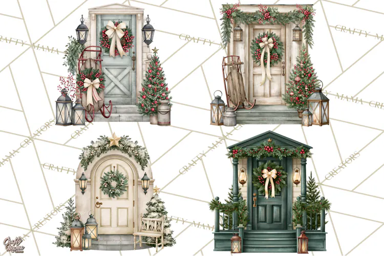 Vintage Christmas Door Clipart, Christmas Door PNG, Holiday