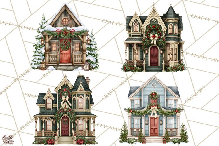Vintage Christmas Homes Clipart, Christmas House PNG example image 1