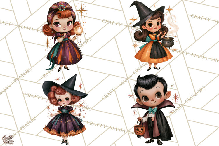 Vintage Halloween Characters Clipart, Retro Witch PNG, 1950s example image 1