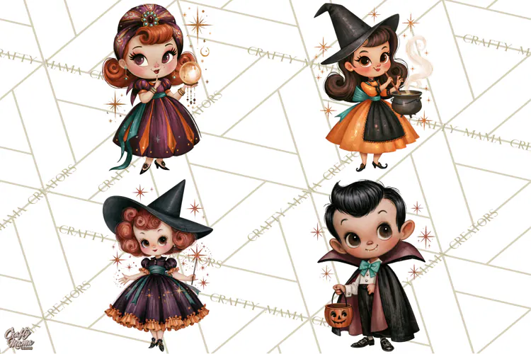 Vintage Halloween Characters Clipart, Retro Witch PNG, 1950s