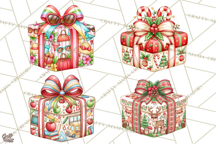 Multi Christmas Gifts Clipart PNG, Themed Wrapped Presents