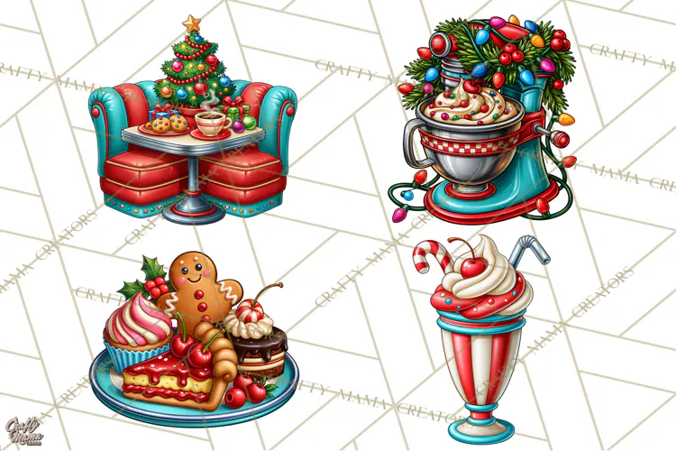 Christmas Retro Diner Clipart PNG 1950s Holiday Food & Decor