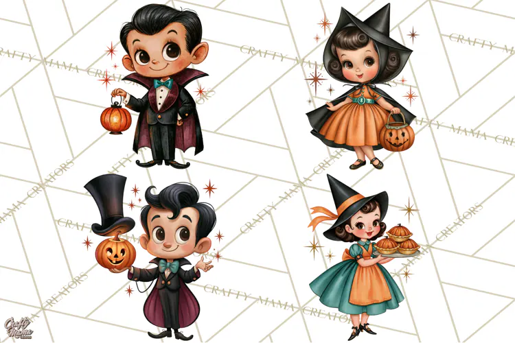 Vintage Halloween Characters Clipart, Retro Witch PNG, 1950s