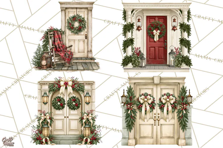 Vintage Christmas Door Clipart, Christmas Door PNG, Holiday
