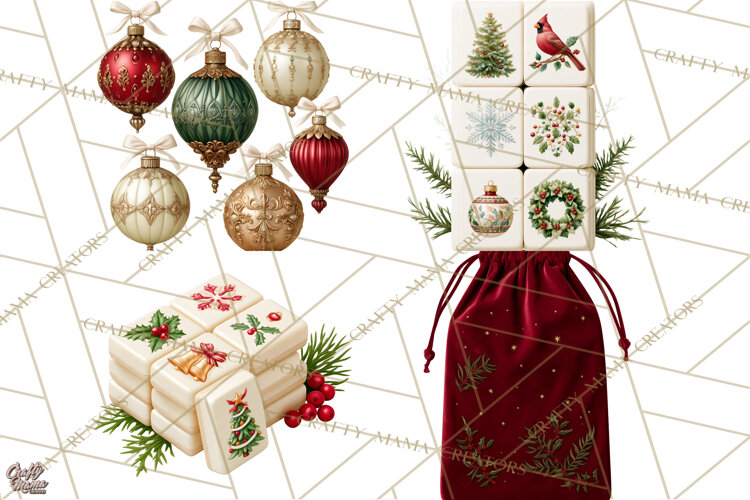 Christmas Mahjong Clipart, Holiday Mahjong Tiles PNG example image 1