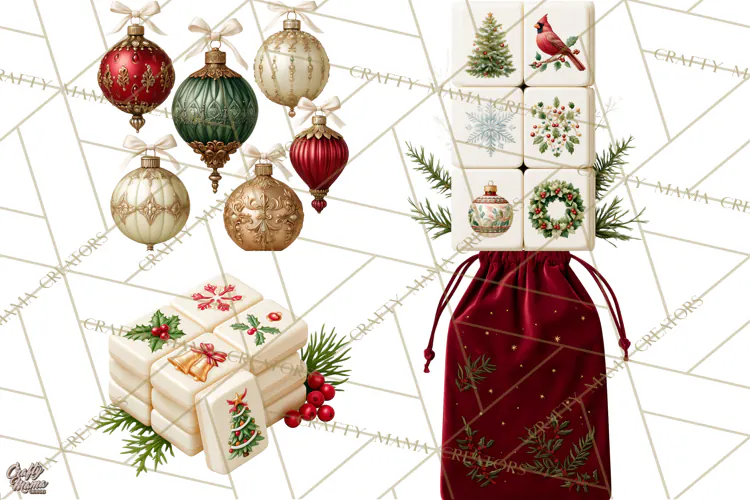 Christmas Mahjong Clipart, Holiday Mahjong Tiles PNG