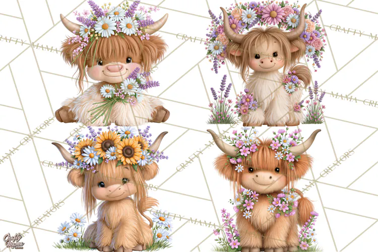 Highland Cow Flower Clipart PNG, Floral Cow Clipart, Farm