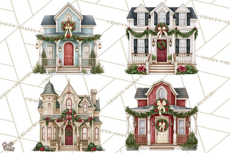 Vintage Christmas Homes Clipart, Christmas House PNG example image 1