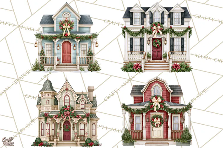 Vintage Christmas Homes Clipart, Christmas House PNG