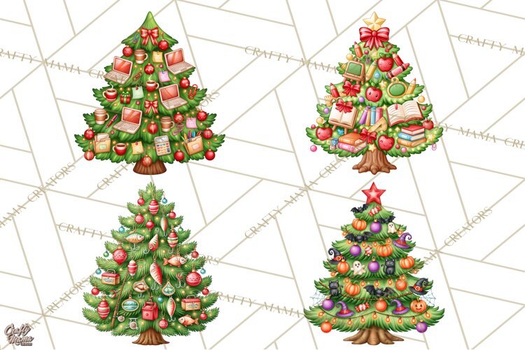 Multi Themed Christmas Trees Clipart PNG example image 1
