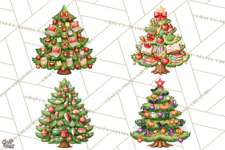 Multi Themed Christmas Trees Clipart PNG