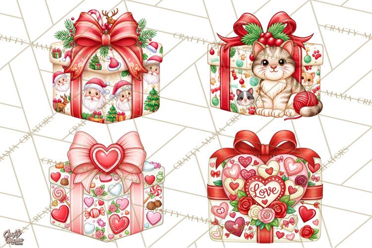Multi Christmas Gifts Clipart PNG, Themed Wrapped Presents example image 1