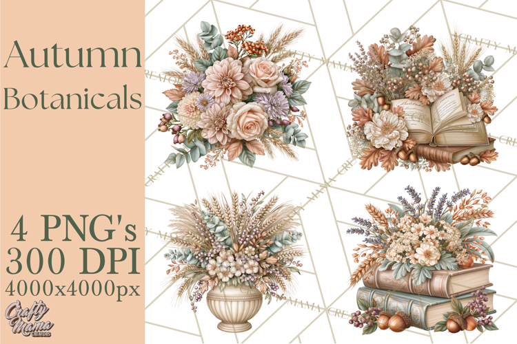 Autumn Botanicals Clipart PNG, Fall Floral Pumpkins