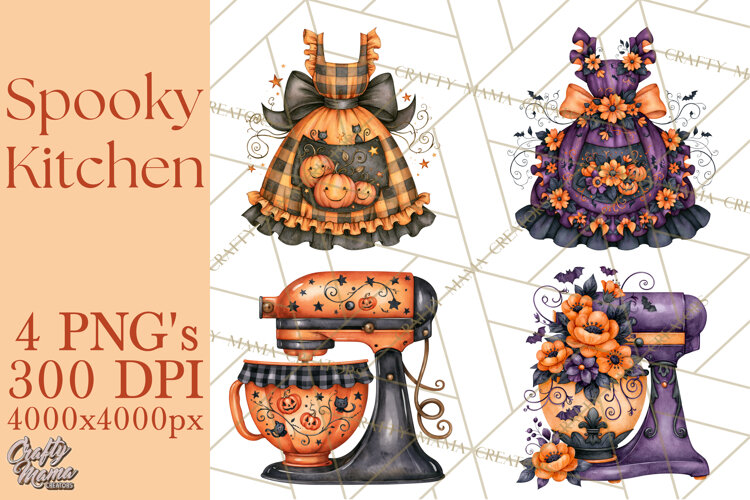 Bright Halloween Kitchen Clipart PNG, Spooky Aprons Mixers
