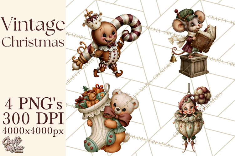 Vintage Christmas Clipart PNG, Christmas Retro Characters