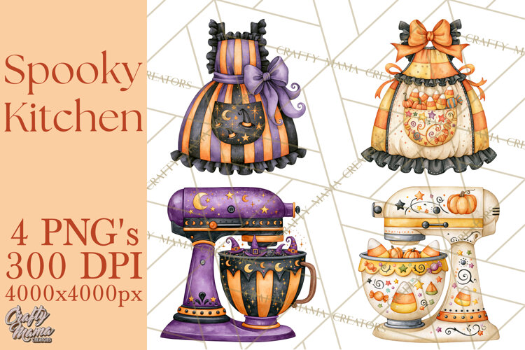Bright Halloween Kitchen Clipart PNG, Spooky Aprons Mixers example image 1