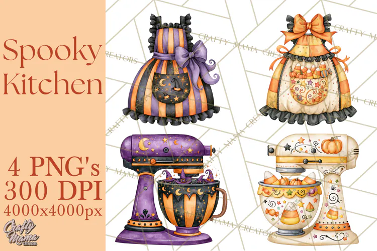 Bright Halloween Kitchen Clipart PNG, Spooky Aprons Mixers