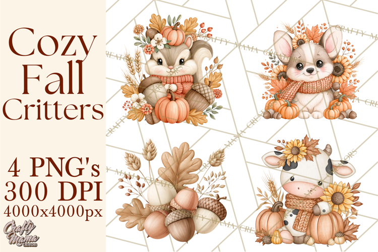 Fall Animals Clipart PNG, Autumn Floral Designs