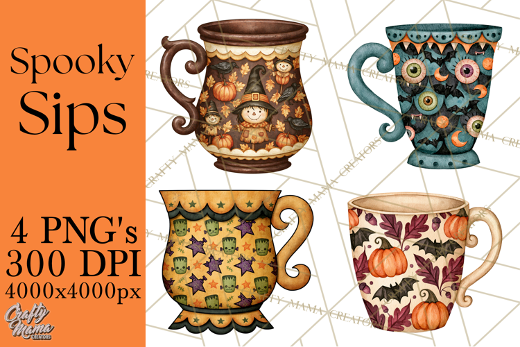 Halloween Coffee Mug Clipart PNG, Spooky Cups