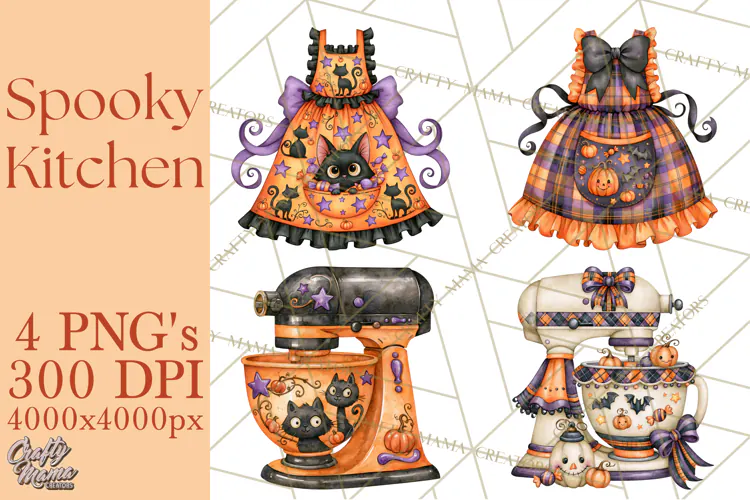 Bright Halloween Kitchen Clipart PNG, Spooky Aprons Mixers