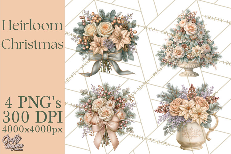 Botanical Christmas Clipart PNG, Winter Flower Decorations example image 1