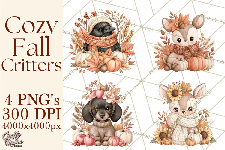 Fall Animals Clipart PNG, Autumn Floral Designs