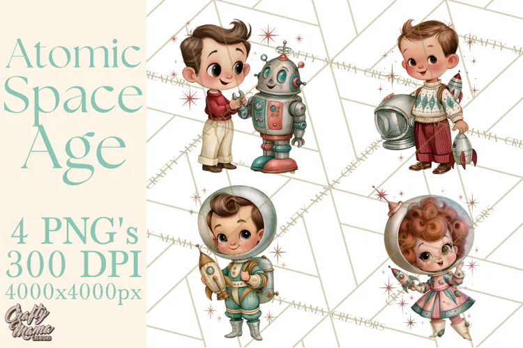 Atomic Age Space Clipart PNG, Retro 1950's Astronaut Decor