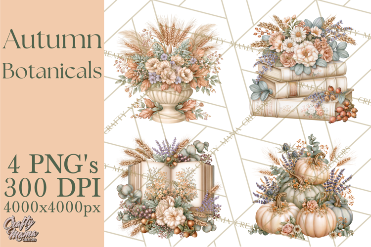 Autumn Botanicals Clipart PNG, Fall Floral Pumpkins
