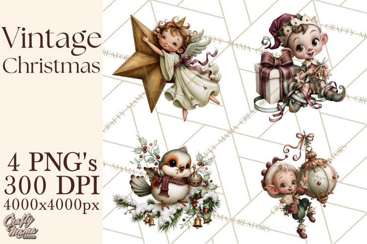 Vintage Christmas Clipart PNG, Christmas Retro Characters