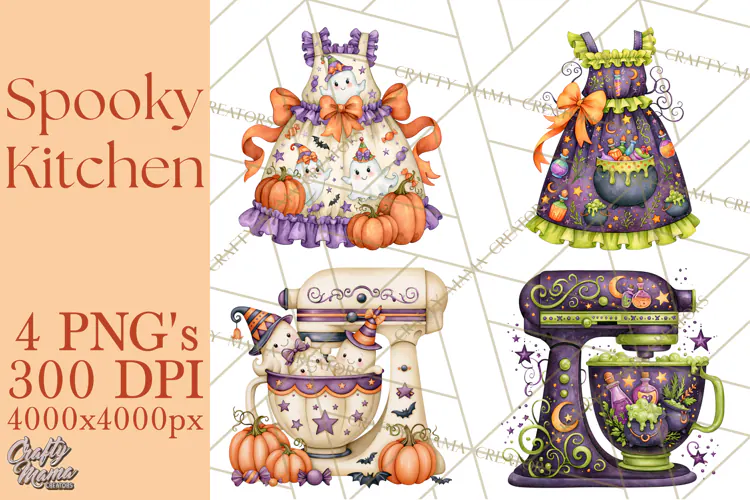 Bright Halloween Kitchen Clipart PNG, Spooky Aprons Mixers