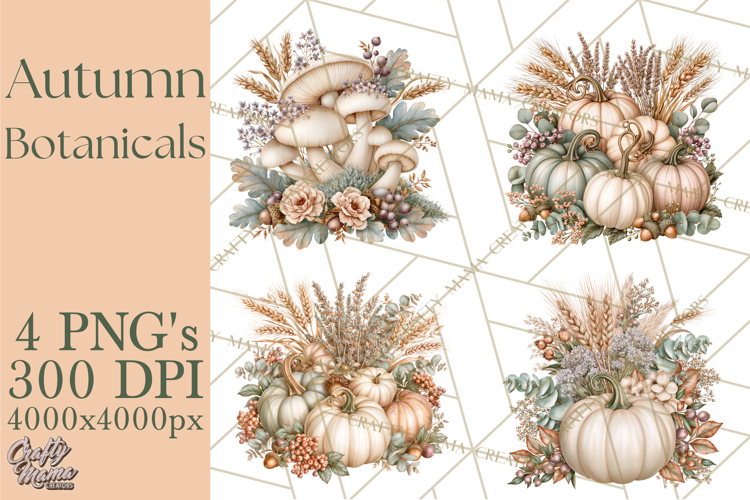 Autumn Botanicals Clipart PNG, Fall Floral Pumpkins