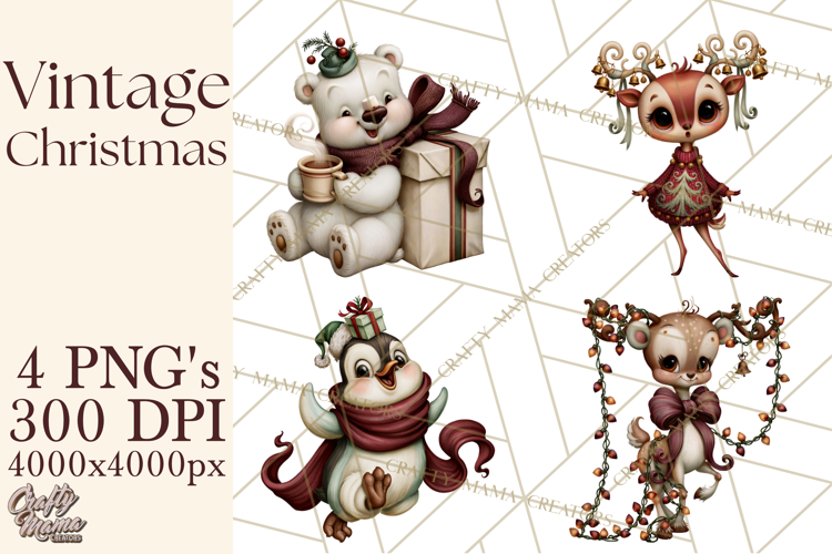 Vintage Christmas Clipart PNG, Christmas Retro Characters