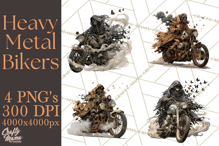 Heavy Metal Skeleton Biker Clipart, Halloween Motorcycles