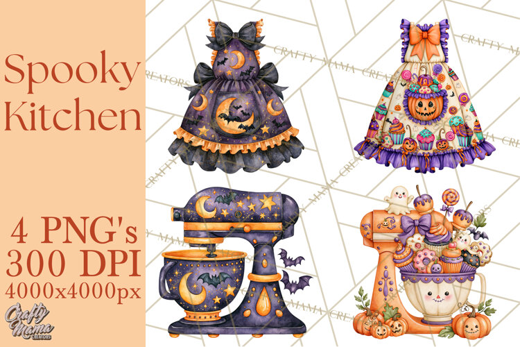 Bright Halloween Kitchen Clipart PNG, Spooky Aprons Mixers example image 1