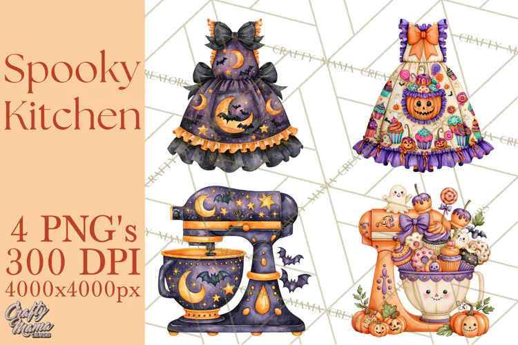 Bright Halloween Kitchen Clipart PNG, Spooky Aprons Mixers