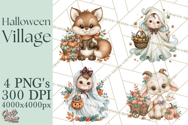 Halloween Village Clipart PNG, Spooky Cottage Town
