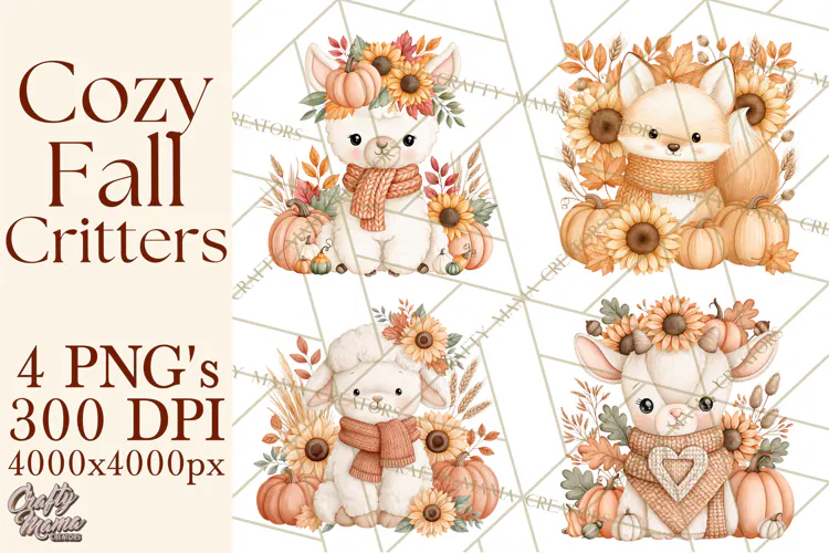 Fall Animals Clipart PNG, Autumn Floral Designs