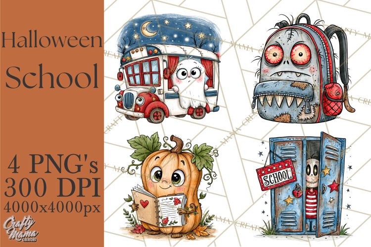 Halloween School Clipart Creepy Cute Monster Students PNG example image 1