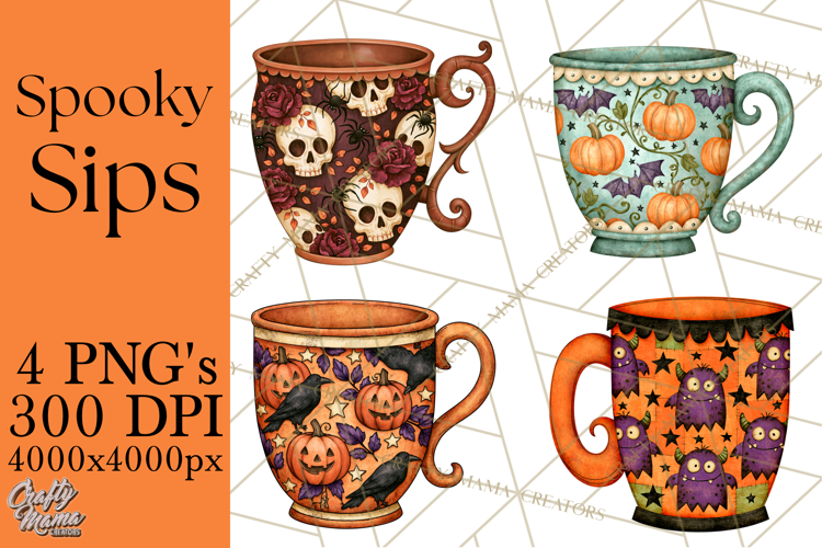 Halloween Coffee Mug Clipart PNG, Spooky Cups