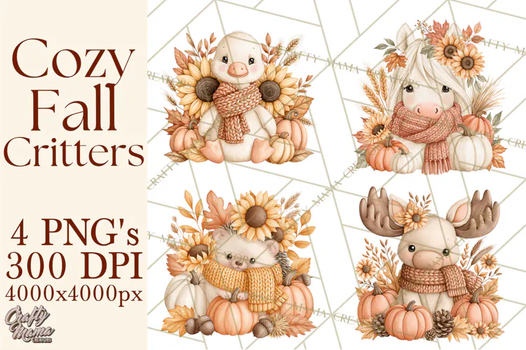 Fall Animals Clipart PNG, Autumn Floral Designs