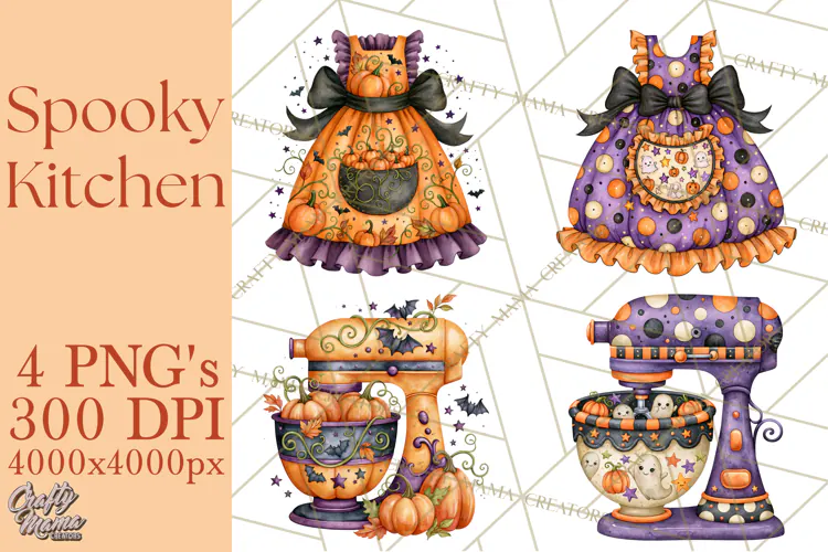Bright Halloween Kitchen Clipart PNG, Spooky Aprons Mixers