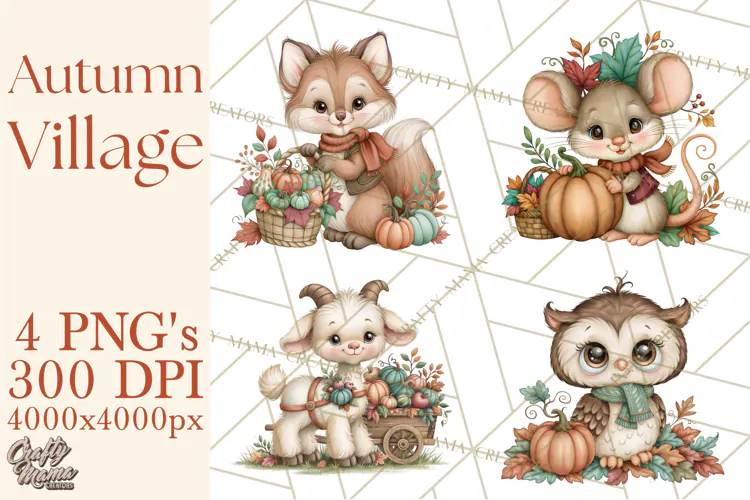 Autumn Village Clipart PNG, Cozy Fall Cottage Town