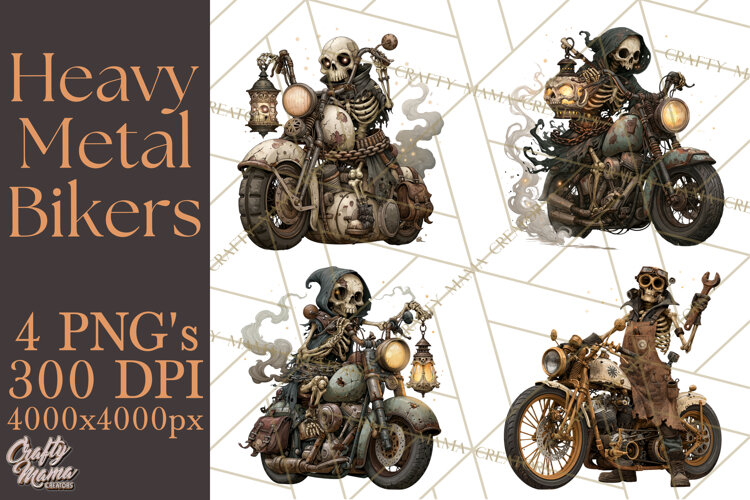 Heavy Metal Skeleton Biker Clipart, Halloween Motorcycles example image 1