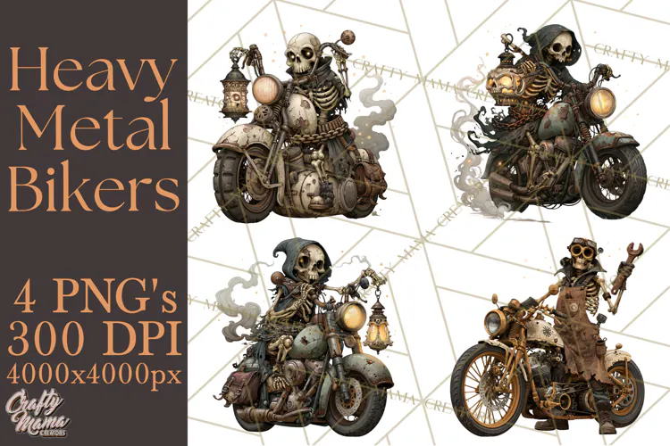 Heavy Metal Skeleton Biker Clipart, Halloween Motorcycles