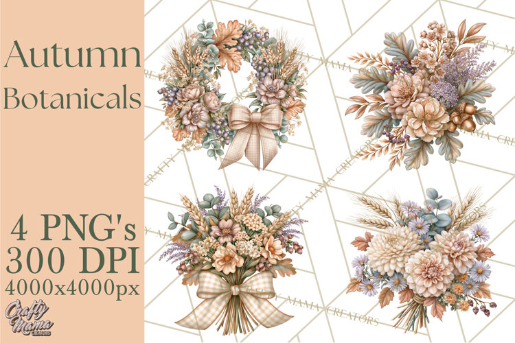 Autumn Botanicals Clipart PNG, Fall Floral Pumpkins example image 1