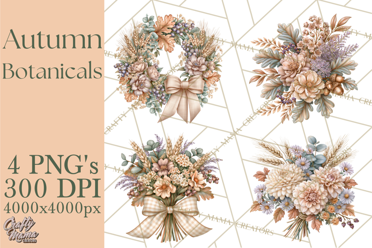 Autumn Botanicals Clipart PNG, Fall Floral Pumpkins