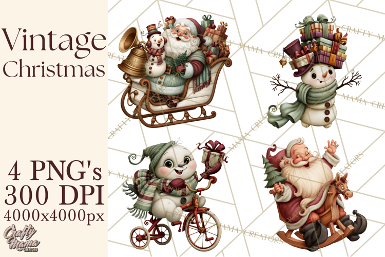 Vintage Christmas Clipart PNG, Christmas Retro Characters