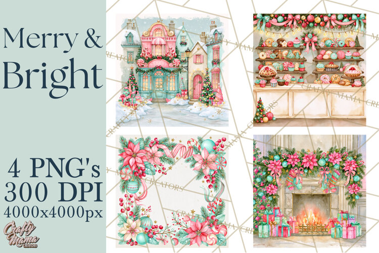Merry And Bright Christmas Watercolor PNG example image 1