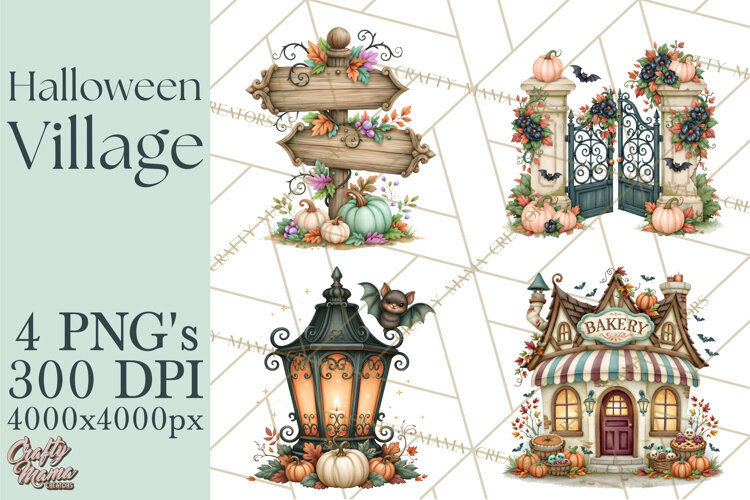 Halloween Village Clipart PNG, Spooky Cottage Town example image 1