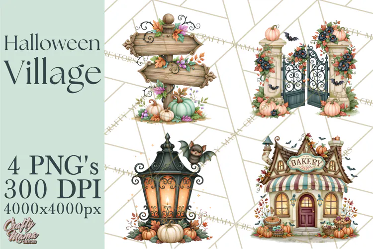 Halloween Village Clipart PNG, Spooky Cottage Town